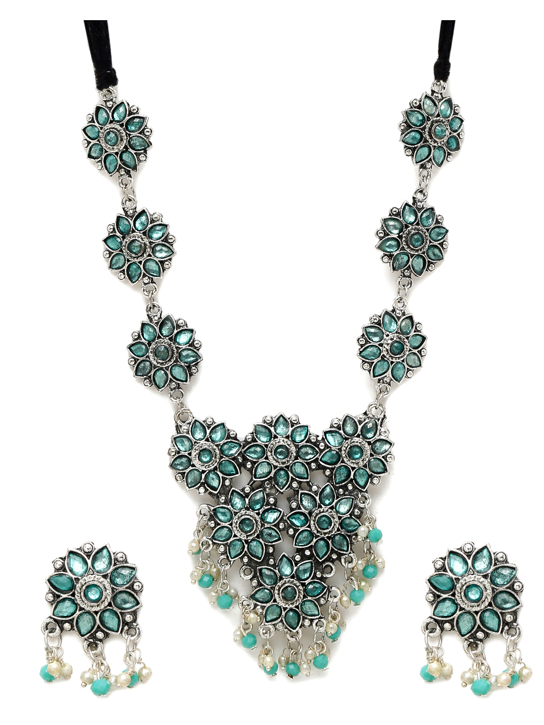 YouBella Jewellery Oxidised Silver Necklace Jewellery Set with Earrings for Girls and Women (Blue) (YBNK_50525)